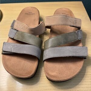 Earth Origins Leather Slide Sandals Blue/Olive/Tan Sz 9M Lightly Worn